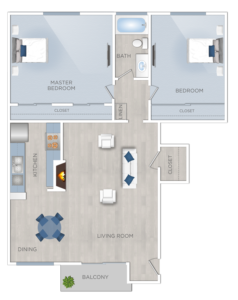 Floor plan for 2 beds, 1 bath, 1000 sqft